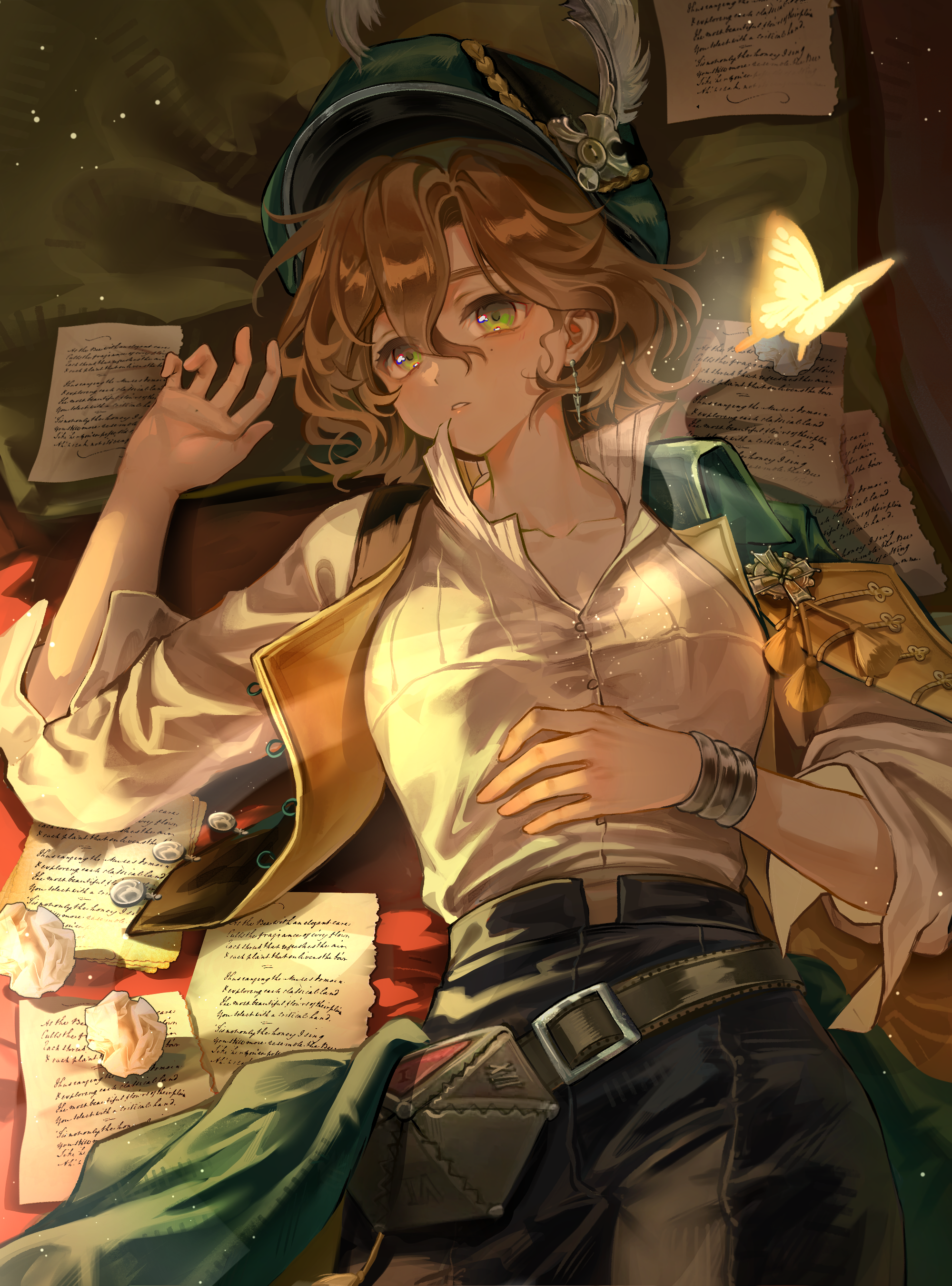 yuha6666, recoleta (reverse:1999), reverse:1999, absurdres, highres, 1girl, belt, belt pouch, black shorts, black vest, bracelet, brown belt, brown hair, bug, butterfly, cape, cowboy shot, green cape, green eyes, green hat, hands on own stomach, hands up, hat, hat feather, insect, jewelry, looking at viewer, lying, mole, mole under eye, newsboy cap, on back, open clothes, open vest, paper, parted lips, pillow, pouch, shirt, short hair, shorts, solo, vest, white shirt, yellow butterfly