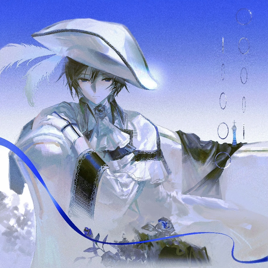 kaito (vocaloid), vocaloid, 1boy, ascot, beret cj, bicorne, blue eyes, blue flower, blue hair, blue ribbon, blue rose, brooch, couch, dated commentary, expressionless, flower, flower brooch, gloves, hair between eyes, hat, hat feather, jewelry, looking at viewer, male focus, on couch, ribbon, rose, short hair, solo, two-tone gloves, white ascot, white gloves, white hat, wide sleeves