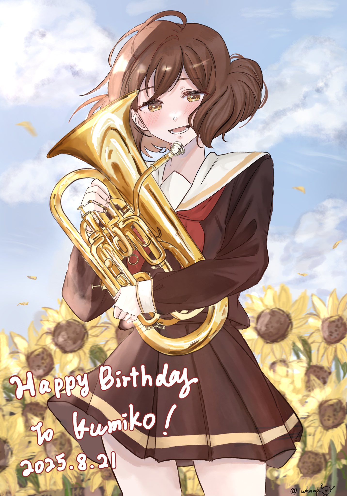 life hater art, oumae kumiko, hibike! euphonium, commentary request, highres, 1girl, blush, brown hair, brown serafuku, brown shirt, brown skirt, cowboy shot, english text, flower, holding, holding instrument, instrument, kitauji high school uniform, neckerchief, open mouth, outdoors, red neckerchief, sailor collar, school uniform, serafuku, shirt, skirt, smile, solo, sunflower, white sailor collar