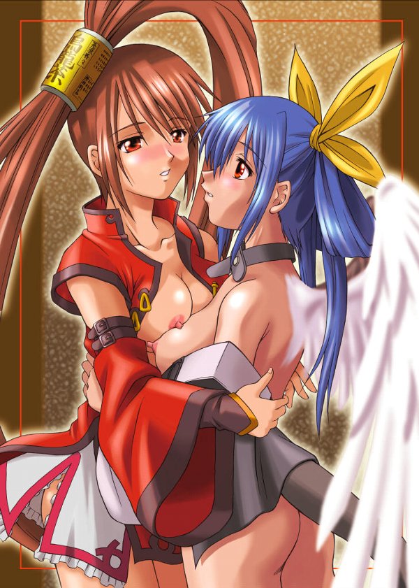 dizzy (guilty gear), kuradoberi jam, arc system works, guilty gear, guilty gear x, 2girls, ass, asymmetrical wings, bare shoulders, blue hair, blush, bow, breast press, breasts, brown hair, choker, cleavage, detached sleeves, eye contact, hair bow, hair ornament, hair rings, large breasts, long hair, long sleeves, looking at another, multiple girls, nipples, no bra, no panties, open clothes, open shirt, shirt, tail, twintails, very long hair, wings, yuri