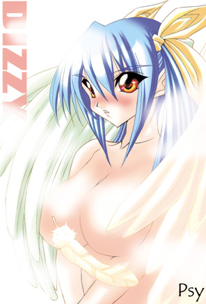 psy-clone, dizzy (guilty gear), arc system works, guilty gear, lowres, 1girl, asymmetrical wings, blue hair, breasts, female focus, red eyes, solo, wings