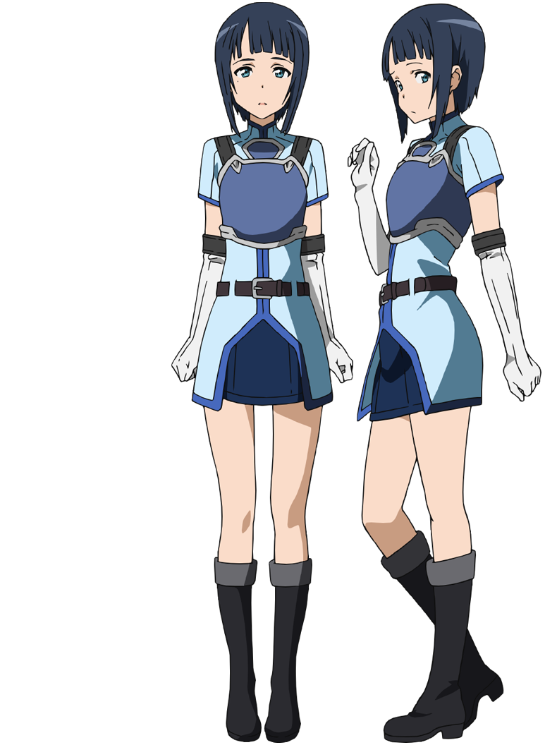 adachi shingo, sachi (sao), sword art online, official art, 2girls, anime coloring, armor, belt, black boots, black hair, blue armor, blue eyes, blue jacket, blue sky, blunt bangs, boots, breastplate, breasts, brown belt, clenched hands, closed mouth, collared jacket, elbow gloves, from side, full body, gloves, hand up, jacket, looking at viewer, multiple girls, multiple views, open mouth, parted lips, pencil skirt, profile, short hair, short sleeves, sidelocks, simple background, skirt, sky, standing, tareme, transparent background, white gloves