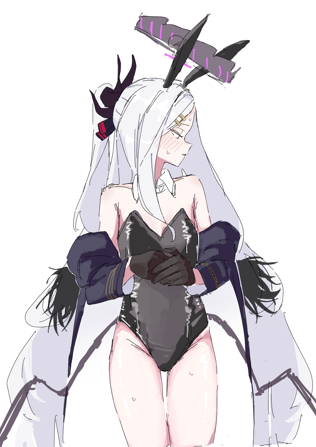 ponpokotan, hina (blue archive), blue archive, highres, 1girl, animal ears, black gloves, black leotard, blush, closed eyes, cropped legs, demon horns, detached collar, fake animal ears, gloves, hair ornament, hairclip, halo, horns, leotard, long hair, multiple horns, playboy bunny, rabbit ears, simple background, solo, strapless, strapless leotard, sweat, very long hair, white background, white hair, wings