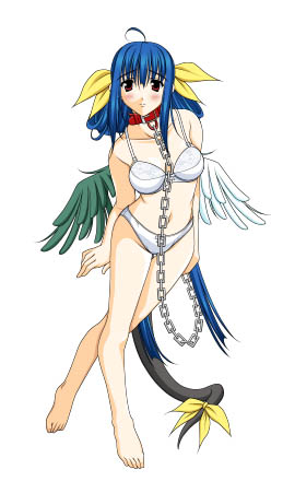 kannazuki okuto, dizzy (guilty gear), arc system works, guilty gear, lowres, 1girl, asymmetrical wings, blue hair, bra, chain, chain leash, collar, female focus, leash, lingerie, panties, red eyes, ribbon, solo, tail, tail ornament, tail ribbon, underwear, underwear only, wings