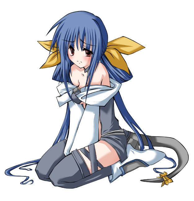dizzy (guilty gear), arc system works, guilty gear, 1girl, bare shoulders, blue hair, breasts, choker, cleavage, collarbone, dress, female focus, frown, full body, hair ribbon, long hair, medium breasts, red eyes, ribbon, seiza, shoes, simple background, sitting, solo, tail, thighhighs, twintails, very long hair, white background