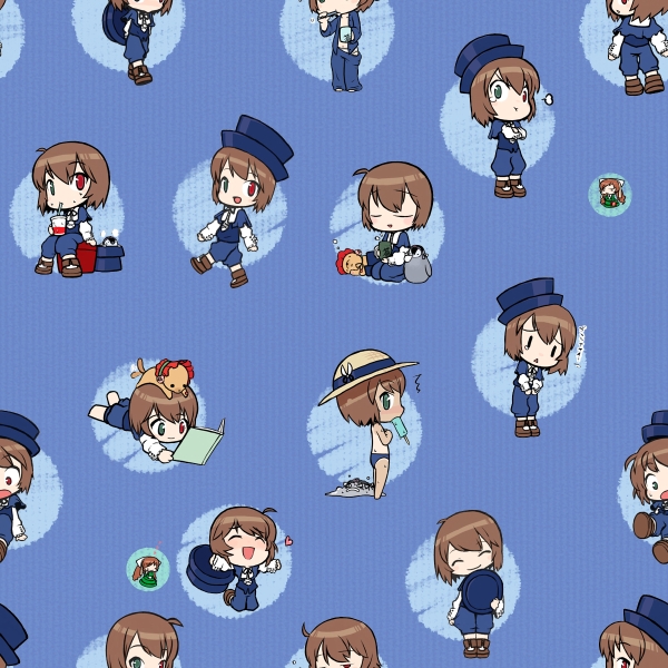 ume (noraneko), pengintou, souseiseki, suiseiseki, wanku, rozen maiden, lowres, 00s, 2girls, animal, animal on head, cat, cat on head, chibi, chibi only, food, hat, heterochromia, multiple girls, on head, popsicle, tileable