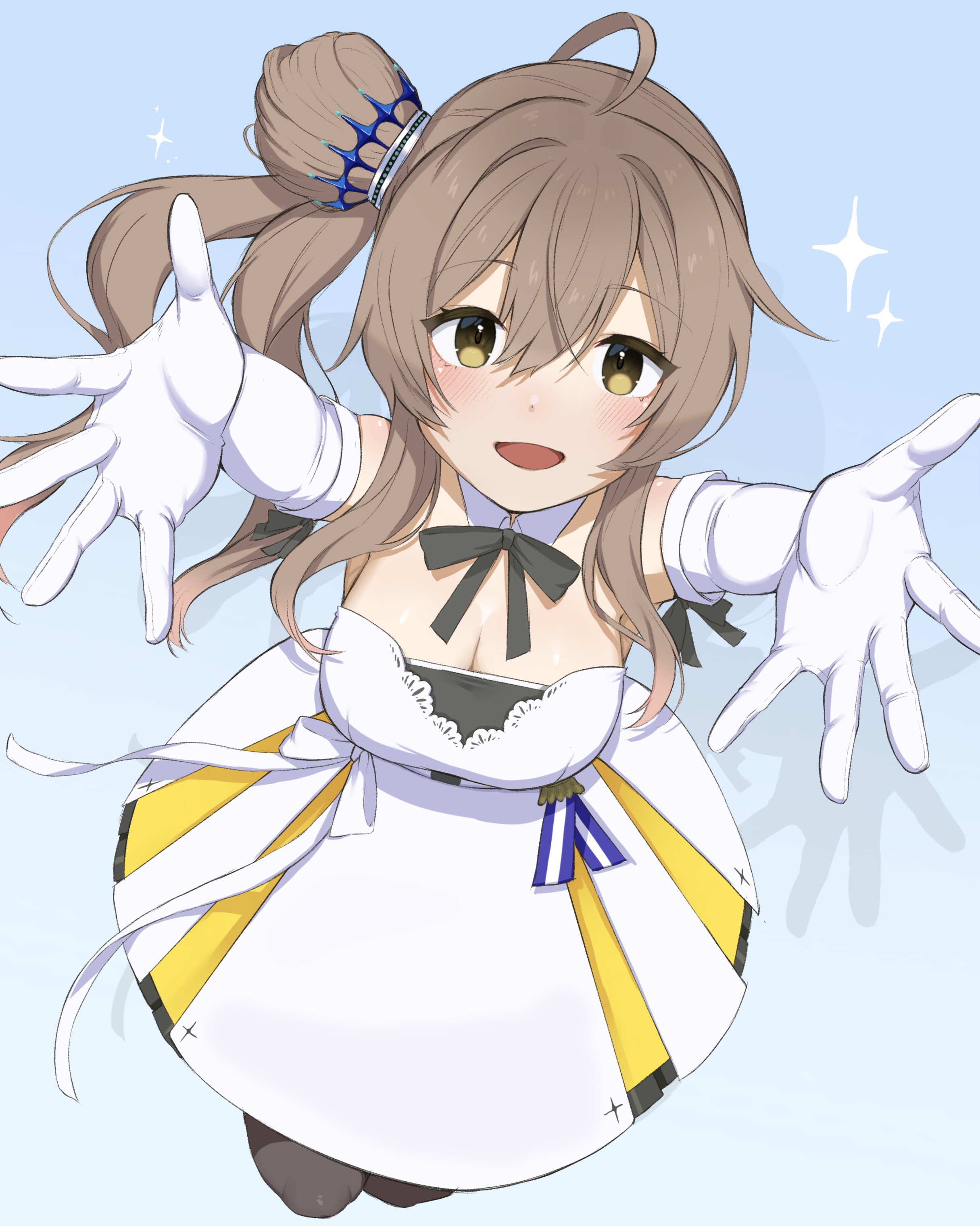 younashi 346, satou sasara, cevio, absurdres, highres, 1girl, blush, breasts, brown eyes, brown hair, dress, elbow gloves, gloves, hair bun, large breasts, long hair, looking at viewer, open mouth, side ponytail, single side bun, smile, solo, white dress