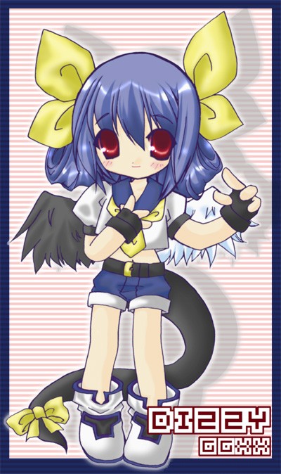 dizzy (guilty gear), arc system works, guilty gear, 1girl, asymmetrical wings, blue hair, chibi, female focus, red eyes, ribbon, solo, tail, tail ornament, tail ribbon, wings