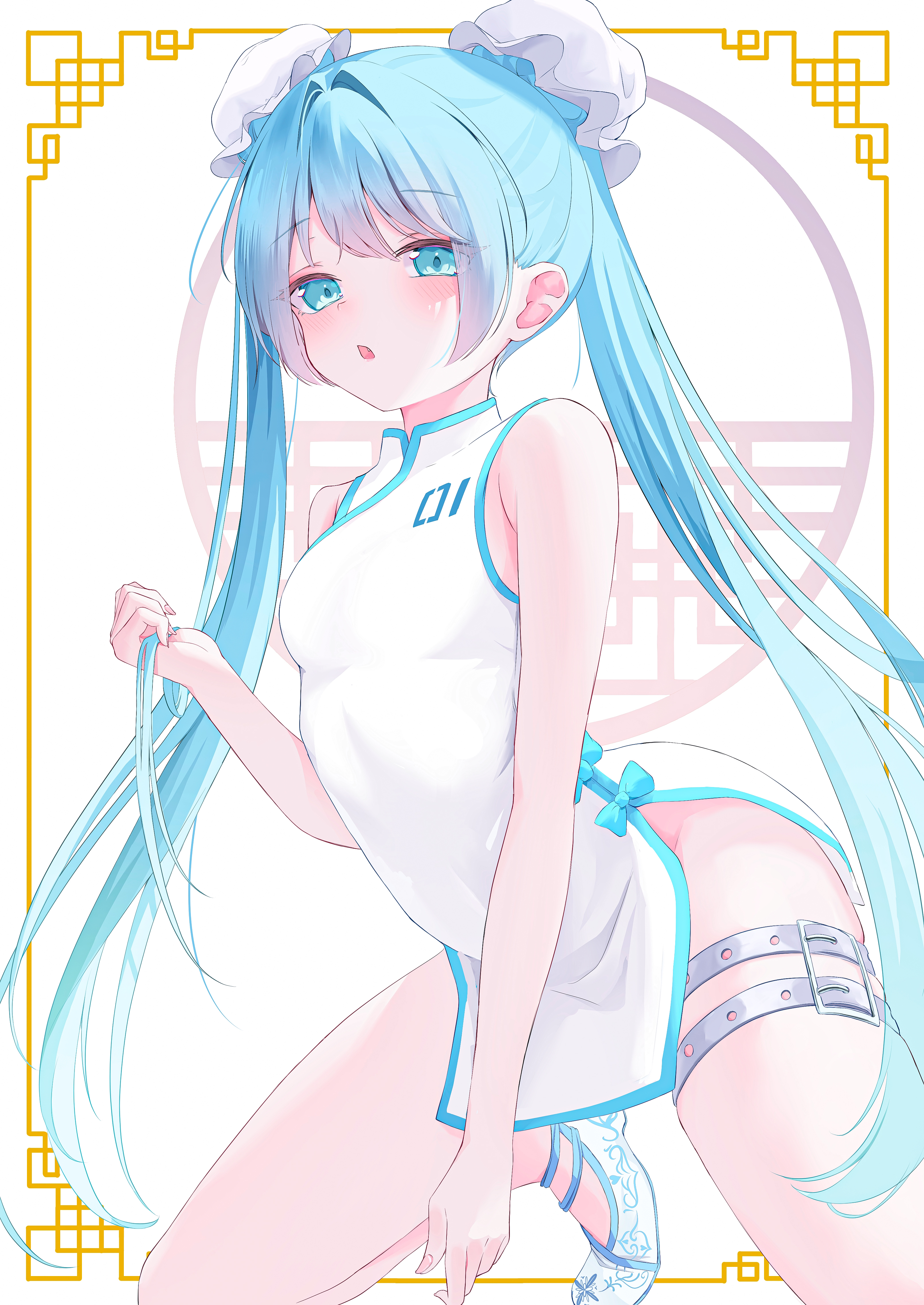 yamamotokeisuke1004, hatsune miku, vocaloid, absurdres, highres, 1girl, aqua eyes, aqua hair, bare shoulders, belt, breasts, bun cover, china dress, chinese clothes, chinese knot border, double bun, dress, hair bun, holding, holding own hair, kneeling, long hair, looking at viewer, no panties, number print, open mouth, print dress, shoes, short dress, side slit, small breasts, solo, thigh belt, thigh strap, twintails, white dress, white shoes