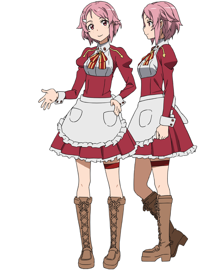 adachi shingo, lisbeth (sao), sword art online, official art, 2girls, anime coloring, apron, belt, boots, bow, breasts, brown boots, collared dress, dress, freckles, frilled apron, frilled dress, frills, from side, full body, hair ornament, hairclip, hand on own hip, head tilt, knee boots, long sleeves, looking at viewer, medium breasts, multiple girls, multiple views, open hand, palms, pink hair, puffy long sleeves, puffy sleeves, red bow, red dress, red eyes, short hair, simple background, smile, spread fingers, standing, striped bow, thigh belt, thigh strap, thighs, transparent background, waist apron, waitress, white apron, wrist cuffs