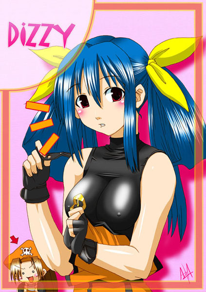 dizzy (guilty gear), arc system works, guilty gear, artist request, 1girl, arrow (symbol), bare shoulders, black bodysuit, blue background, blue hair, blush, bodysuit, border, breasts, brown hair, character name, chibi, chibi inset, covered erect nipples, female focus, fingerless gloves, gloves, large breasts, looking at viewer, notice lines, parted lips, pink background, red eyes, signature, simple background, skin tight, skull and crossbones, solo, twintails, upper body