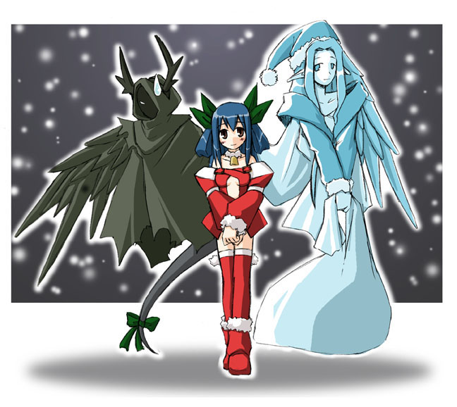 dizzy (guilty gear), necro (guilty gear), undine (guilty gear), arc system works, guilty gear, 1girl, antlers, asymmetrical wings, bell, blue hair, blush, christmas, collar, hat, horns, neck bell, pointy ears, red eyes, ribbon, sack, santa costume, santa hat, smile, snow, snowing, sweatdrop, tail, tail ornament, tail ribbon, thighhighs, wings, zettai ryouiki