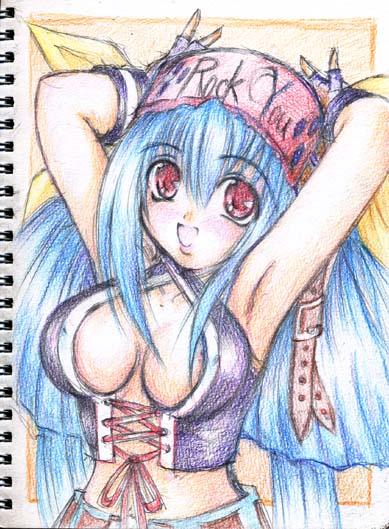 dizzy (guilty gear), arc system works, guilty gear, traditional media, 1girl, :d, armpits, belt, blue hair, blush, bow, breasts, buckle, cleavage, cosplay, cross-laced clothes, crossdressing, crossdressing (ftm), english text, female focus, fingerless gloves, gloves, hair between eyes, hair ribbon, hairband, large breasts, long hair, looking at viewer, open mouth, red eyes, ribbon, smile, solo, very long hair