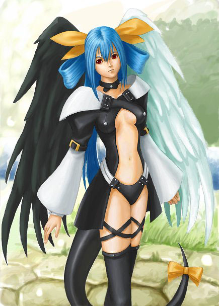 dizzy (guilty gear), arc system works, guilty gear, guilty gear x, guilty gear xx, 1girl, asymmetrical wings, blue hair, female focus, red eyes, ribbon, solo, tail, tail ornament, tail ribbon, thighhighs, wings