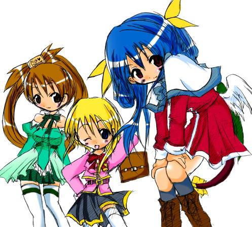 bridget (guilty gear), dizzy (guilty gear), kuradoberi jam, arc system works, canvas, guilty gear, kanon, pia carrot (series), pia carrot e youkoso!!, lowres, 1boy, 2girls, asymmetrical wings, blonde hair, blue eyes, blue hair, brown hair, chibi, cosplay, multiple girls, red eyes, red skirt, ribbon, skirt, tail, tail ornament, tail ribbon, thighhighs, trap, wings