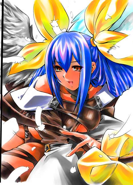 dizzy (guilty gear), arc system works, guilty gear, 1girl, :d, bare shoulders, black thighhighs, blue eyes, blue hair, blush, clothing cutout, collarbone, feathers, female focus, groin, hair between eyes, hair ribbon, long hair, lying, matching hair/eyes, on stomach, open mouth, over-kneehighs, red eyes, ribbon, smile, solo, tail, thighhighs, thighs, underboob cutout, very long hair, wings