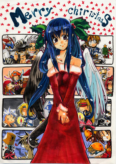tako (plastic protein), axl low, baiken, chipp zanuff, dizzy (guilty gear), eddie (guilty gear), fanny (guilty gear), faust (guilty gear), johnny (guilty gear), justice (guilty gear), kliff undersn, kuradoberi jam, ky kiske, may (guilty gear), millia rage, mito anji, potemkin (guilty gear), sol badguy, testament (guilty gear), venom (guilty gear), zato-1, arc system works, guilty gear, 6+boys, 6+girls, asymmetrical wings, bag, bell, blonde hair, blue eyes, blue hair, brown eyes, brown hair, chibi, christmas, christmas tree, dress, everyone, gift, gloves, hat, jingle bell, long hair, mask, multiple boys, multiple girls, paper bag, pirate, red eyes, ribbon, sack, santa costume, short hair, snow, strapless, strapless dress, tail, tail ornament, tail ribbon, tree, wings