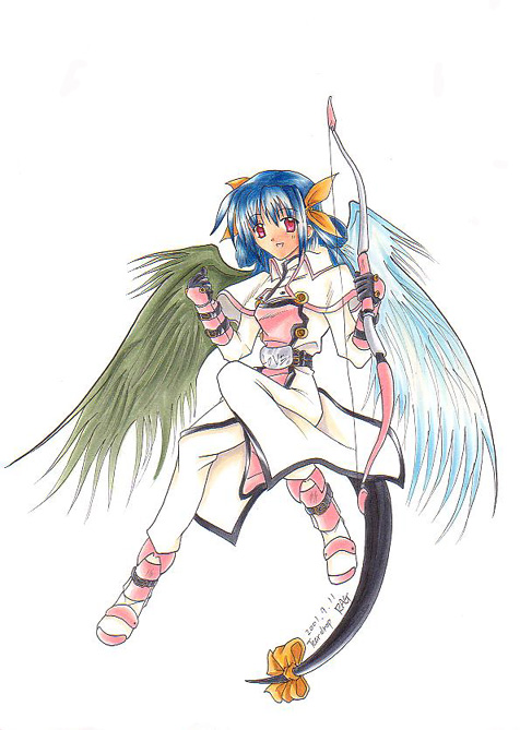 dizzy (guilty gear), arc system works, guilty gear, 1girl, alternate costume, asymmetrical wings, blue hair, bow (weapon), cosplay, crossdressing, crossdressing (ftm), dated, female focus, red eyes, ribbon, simple background, solo, tail, tail ornament, tail ribbon, weapon, white background, wings
