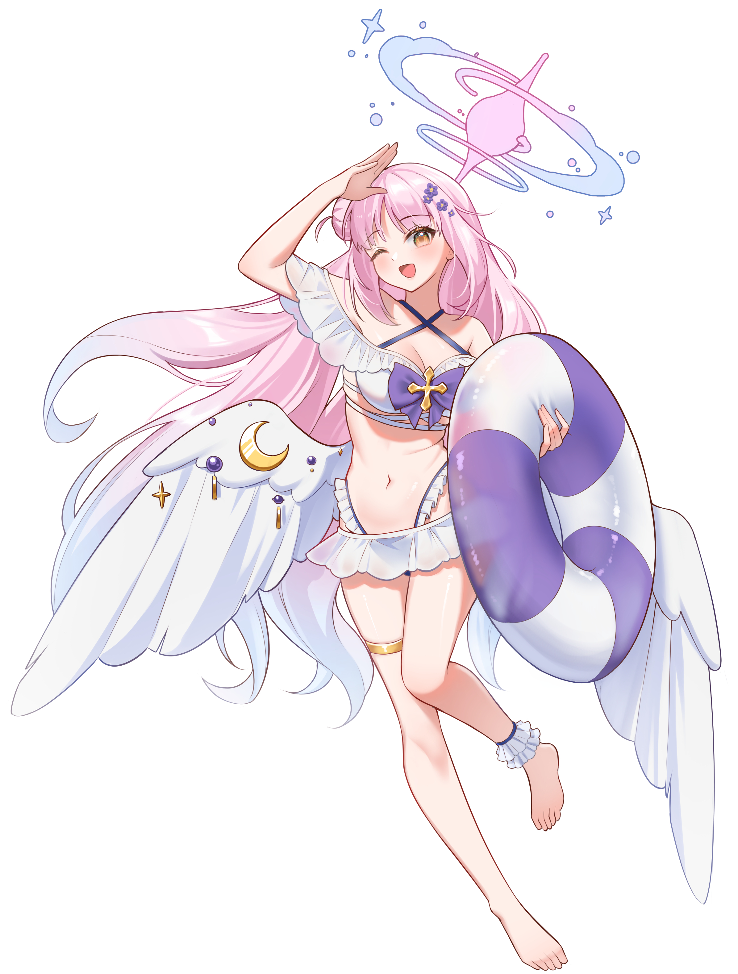 miden (setoharu kano), mika (blue archive), blue archive, absurdres, highres, 1girl, alternate costume, angel wings, aqua hair, arm up, bikini, blush, breasts, cleavage, crescent, feathered wings, flower, frilled bikini, frilled bikini top, frills, full body, gold thighlet, gradient hair, hair bun, hair flower, hair ornament, halo, holding, holding swim ring, innertube, long hair, low wings, medium breasts, multicolored hair, navel, one eye closed, open mouth, pink hair, pink halo, simple background, single hair bun, single side bun, smile, stomach, swim ring, swimsuit, very long hair, white background, white bikini, white wings, wing ornament, wings, yellow eyes