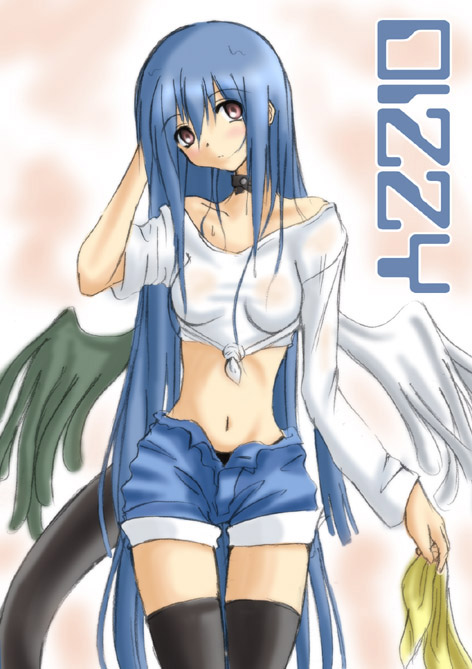 dizzy (guilty gear), arc system works, guilty gear, 1girl, asymmetrical wings, blue hair, blush, bow, choker, denim, denim shorts, female focus, long hair, midriff, navel, open fly, red eyes, ribbon, see-through clothes, shirt, shorts, solo, tail, thighhighs, unzipped, very long hair, wet, wet clothes, wet shirt, wings