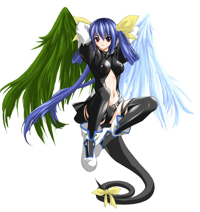 dizzy (guilty gear), arc system works, guilty gear, artist request, 1girl, asymmetrical wings, blue hair, boots, bow, female focus, hair bow, long hair, midriff, navel, red eyes, ribbon, solo, tail, tail ornament, tail ribbon, thighhighs, twintails, very long hair, wings