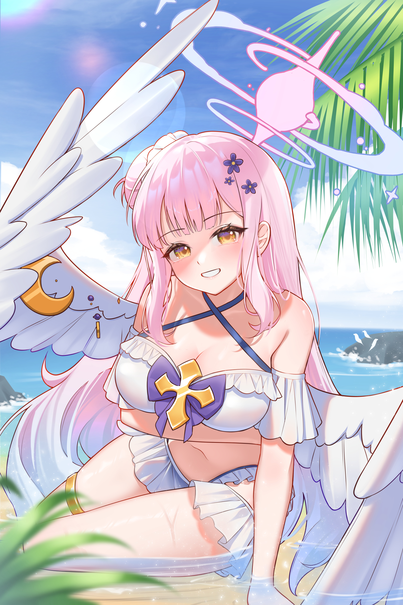 miden (setoharu kano), mika (blue archive), blue archive, absurdres, highres, 1girl, alternate costume, angel wings, aqua hair, arm up, bikini, blush, breasts, cleavage, crescent, feathered wings, flower, frilled bikini, frilled bikini top, frills, gold thighlet, gradient hair, hair bun, hair flower, hair ornament, halo, long hair, looking at viewer, low wings, medium breasts, multicolored hair, navel, open mouth, pink hair, pink halo, simple background, single hair bun, single side bun, smile, stomach, swimsuit, thighs, very long hair, wet, white background, white bikini, white wings, wing ornament, wings, yellow eyes