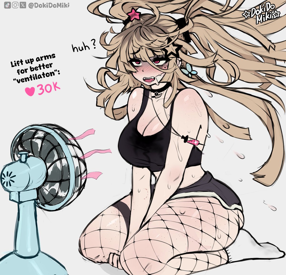 dokidomiki, original, commentary, english commentary, 1girl, artist name, bare arms, bite mark, bite mark on arm, black choker, black shorts, black tank top, blonde hair, blush, body freckles, breasts, butterfly earrings, choker, cleavage, crop top, dolphin shorts, earrings, electric fan, fangs, fanning, fanning self, fishnet thighhighs, fishnets, floating hair, freckles, gauze, gauze on cheek, gauze on face, hair between eyes, hair ornament, instagram logo, jewelry, large breasts, long hair, miki (dokidomiki), mole, mole under eye, necklace, open mouth, pink eyes, raised inner eyebrows, sanpaku, short shorts, shorts, simple background, sitting, socks, solo, star (symbol), star hair ornament, sweat, syringe necklace, tank top, thigh freckles, thighhighs, tiktok logo, twitter strip game, twitter username, twitter x logo, uneven bangs, very sweaty, wariza, white background, white socks
