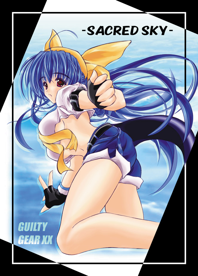 dizzy (guilty gear), arc system works, guilty gear, 1girl, bandana, belt, black gloves, blue hair, breasts, denim, denim shorts, female focus, gloves, large breasts, long hair, midriff, navel, pirate, red eyes, ribbon, shorts, solo, tail, underboob, very long hair