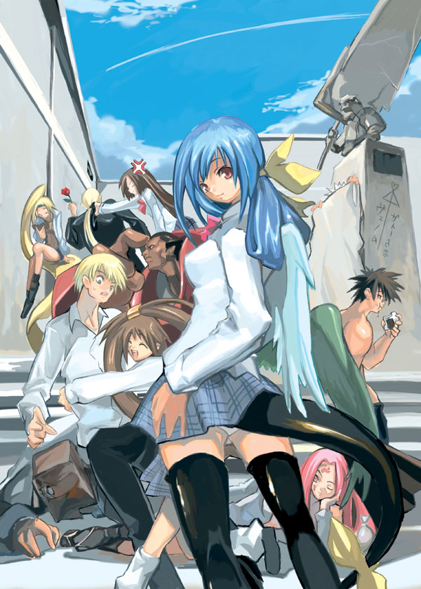 shihira tatsuya, baiken, chipp zanuff, dizzy (guilty gear), faust (guilty gear), johnny (guilty gear), kliff undersn, kuradoberi jam, ky kiske, may (guilty gear), millia rage, mito anji, potemkin (guilty gear), arc system works, guilty gear, guilty gear x, 5girls, 6+boys, ai ai gasa, asymmetrical wings, bag, black thighhighs, blue hair, everyone, looking back, multiple boys, multiple girls, panties, paper bag, plaid clothes, plaid skirt, pleated skirt, red eyes, ribbon, school uniform, serafuku, skirt, tail, tail ornament, tail ribbon, thighhighs, underwear, white panties, wings, zettai ryouiki