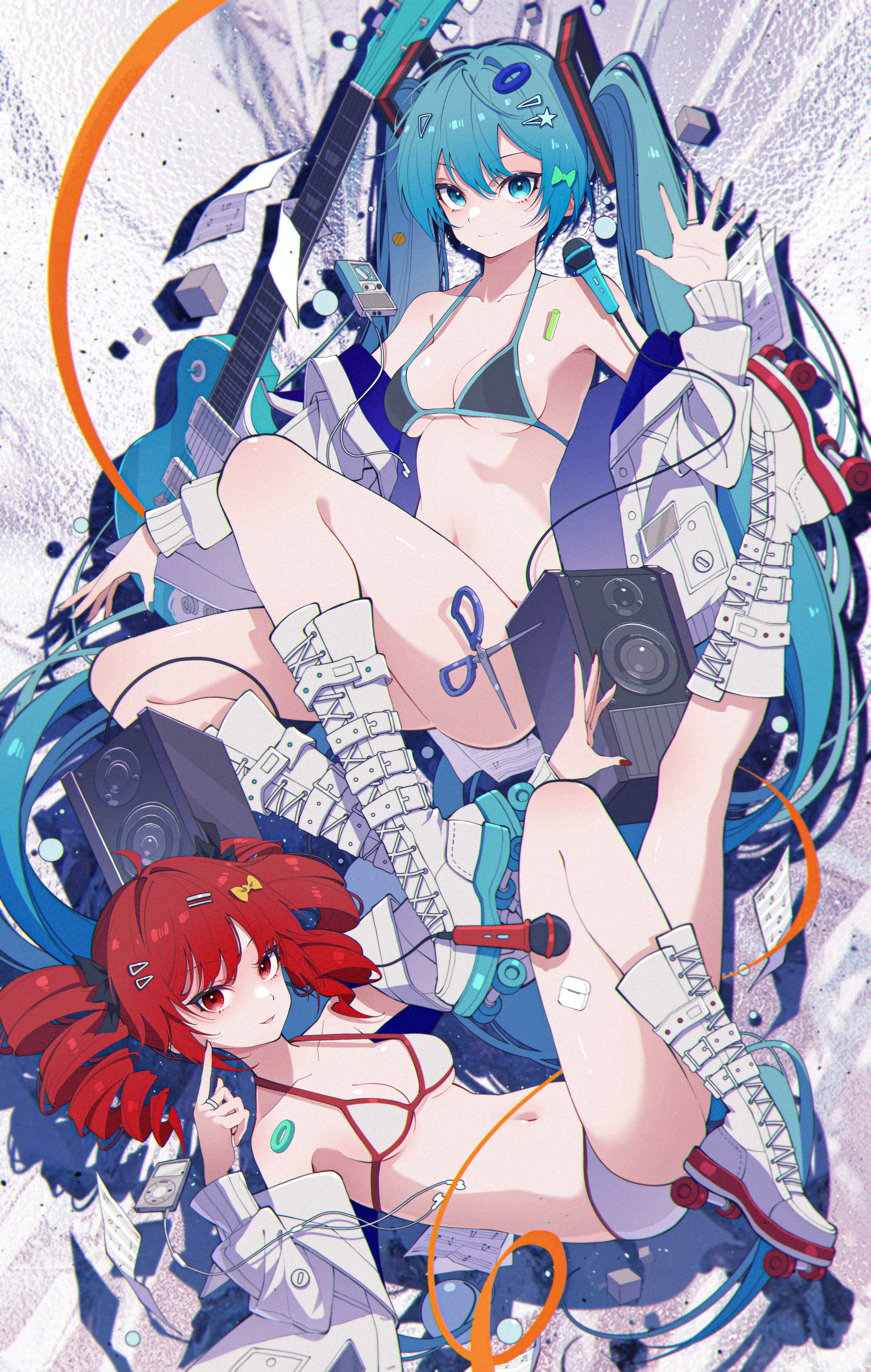 tiandingfengren, hatsune miku, kasane teto, vocaloid, absurdres, highres, 1girl, 2girls, aqua eyes, aqua hair, bikini, black bikini, blush, boots, breasts, drill hair, guitar, hair ornament, hairclip, headset, instrument, jacket, looking at viewer, medium breasts, microphone, multiple girls, navel, open clothes, open jacket, red eyes, red hair, scissors, speaker, swimsuit, twin drills, twintails, white bikini, white boots, white jacket
