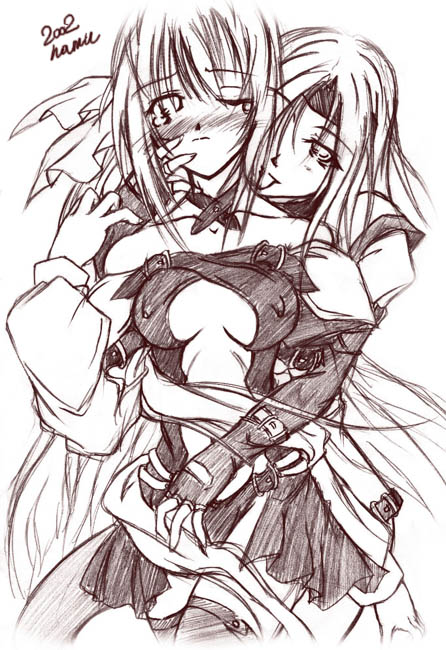 hamu (moeyobaka), dizzy (guilty gear), millia rage, arc system works, guilty gear, guilty gear x, guilty gear xx, 2girls, monochrome, multiple girls, sketch, thighhighs, yuri