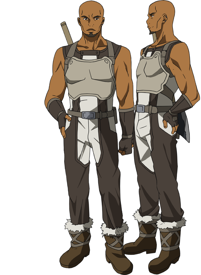 adachi shingo, agil, sword art online, official art, 2boys, anime coloring, armor, axe, bald, battle axe, beard, belt, biceps, boots, breastplate, brown boots, brown eyes, brown gloves, brown jumpsuit, clenched hand, closed mouth, collarbone, dark-skinned male, dark skin, facial hair, fingerless gloves, from side, full body, fur-trimmed boots, fur trim, gloves, grey belt, jumpsuit, looking at viewer, multiple boys, multiple views, muscular, muscular male, open mouth, parted lips, profile, simple background, sleeveless, sleeveless jumpsuit, smile, standing, sword, sword on back, transparent background, weapon, weapon on back, white armor
