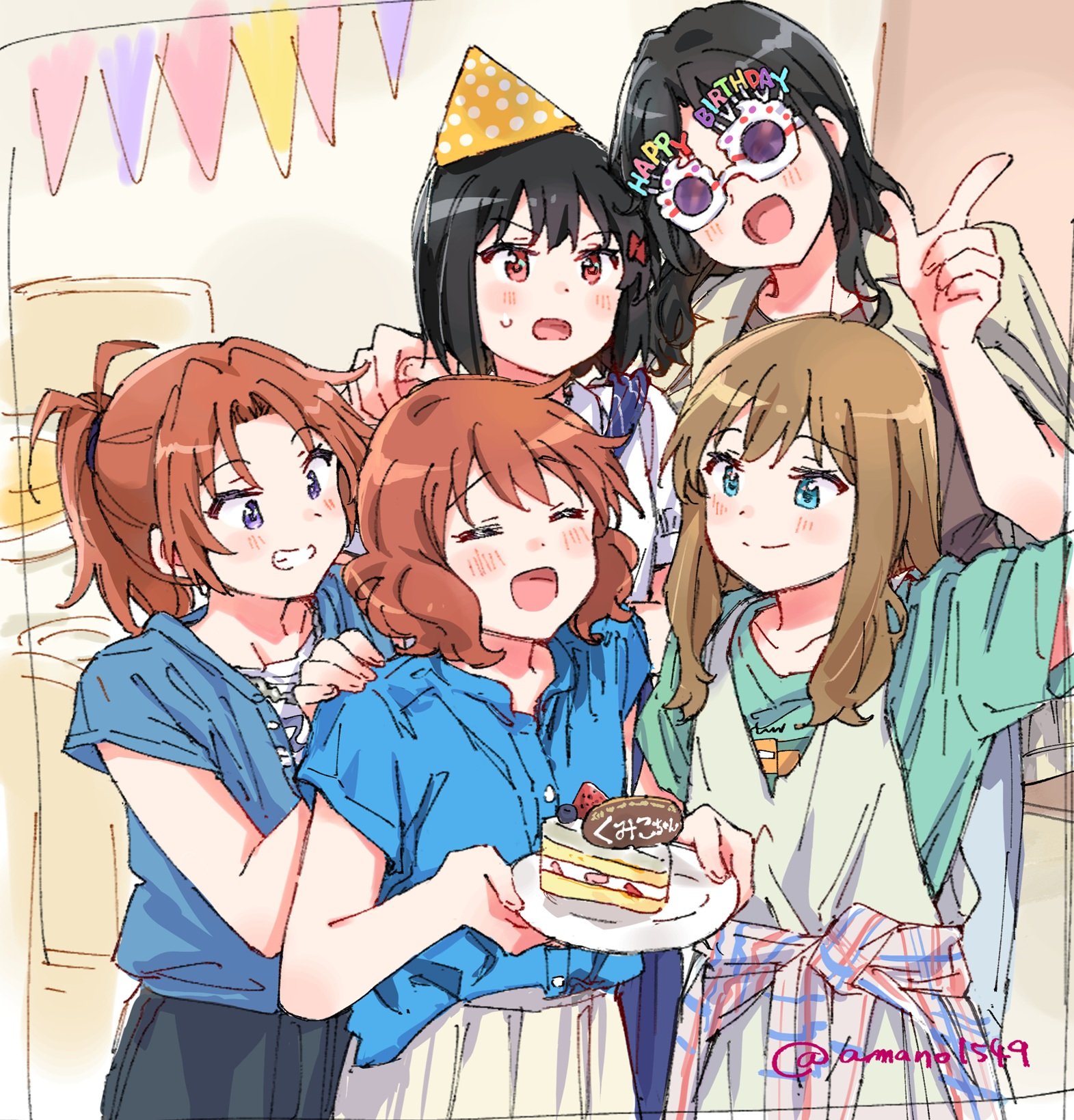 amano shin, hisaishi kanade, kuroe mayu, matsuyama kumiko, nakagawa natsuki, oumae kumiko, tanaka asuka, hibike! euphonium, highres, 5girls, birthday cake, birthday party, black hair, blue shirt, bob cut, brown hair, cake, food, happy, happy birthday, multiple girls, shirt, short hair, sketch, smile
