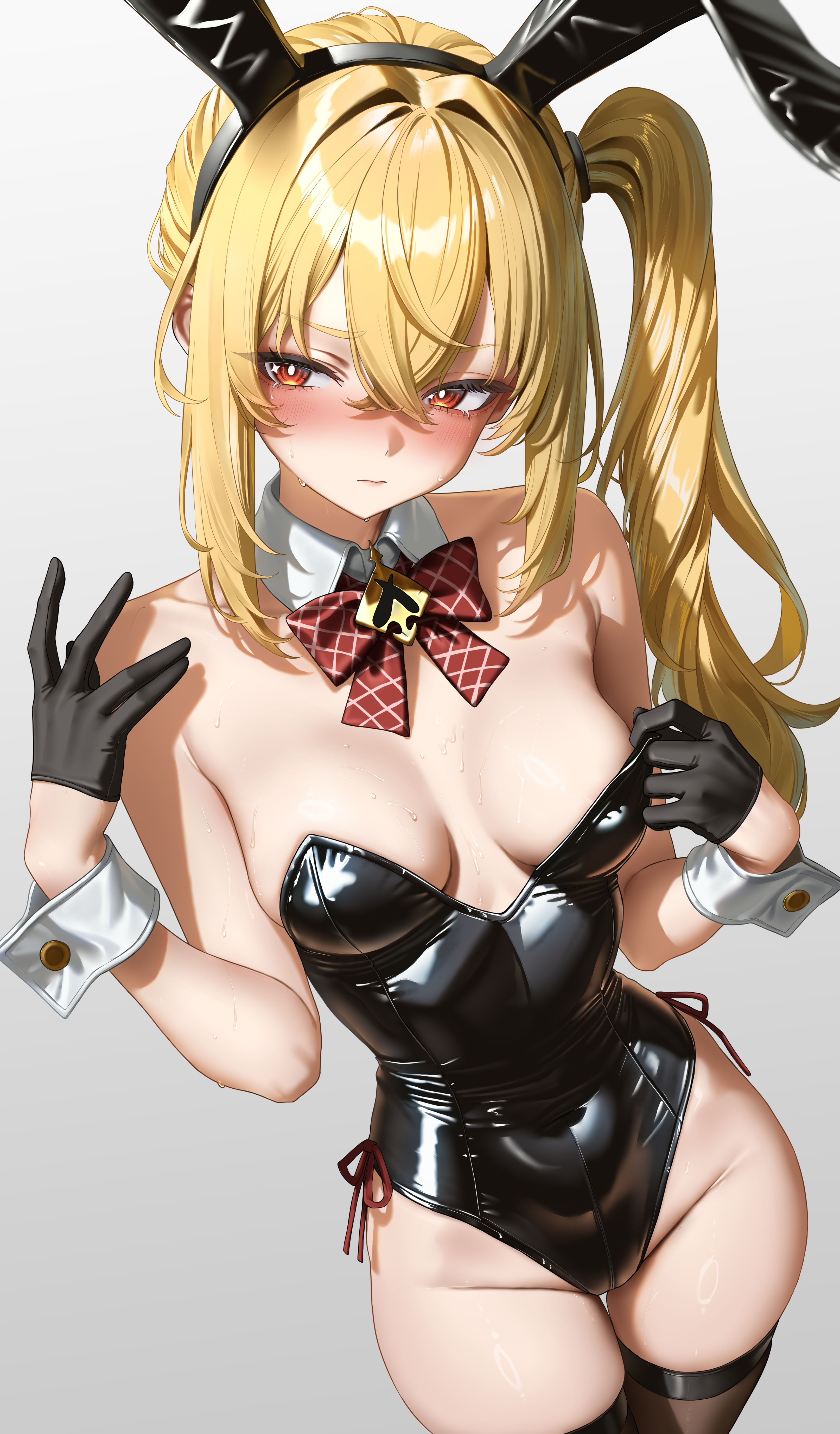 hirahiragi (h1rqg1), luciana de montefio, zenless zone zero, absurdres, commentary request, highres, 1girl, animal ear hairband, animal ears, bare shoulders, black gloves, black leotard, black thighhighs, blonde hair, blush, bow, bowtie, breasts, closed mouth, covered navel, detached collar, dress, fake animal ears, gloves, grey background, groin, hairband, half gloves, hand up, high side ponytail, leotard, long hair, looking to the side, plaid bow, plaid bowtie, plaid clothes, playboy bunny, rabbit ear hairband, rabbit ears, red bow, red bowtie, red eyes, side-tie leotard, side ponytail, simple background, small breasts, solo, strapless, strapless dress, strapless leotard, thighhighs, very long hair, white background, white wrist cuffs, wrist cuffs