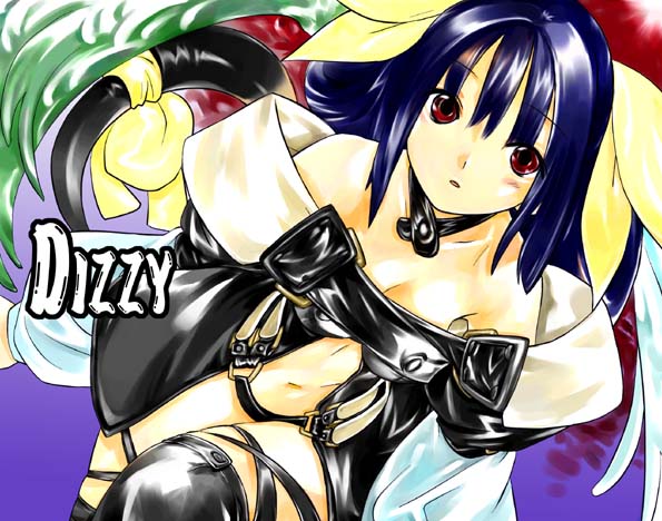 dizzy (guilty gear), arc system works, guilty gear, 1girl, asymmetrical wings, blue hair, blush, bow, female focus, hair bow, red eyes, solo, tail, thighhighs, wings