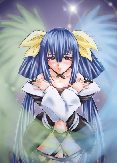 dizzy (guilty gear), arc system works, guilty gear, 1girl, asymmetrical wings, blue hair, blush, crossed arms, female focus, red eyes, solo, tail, wings