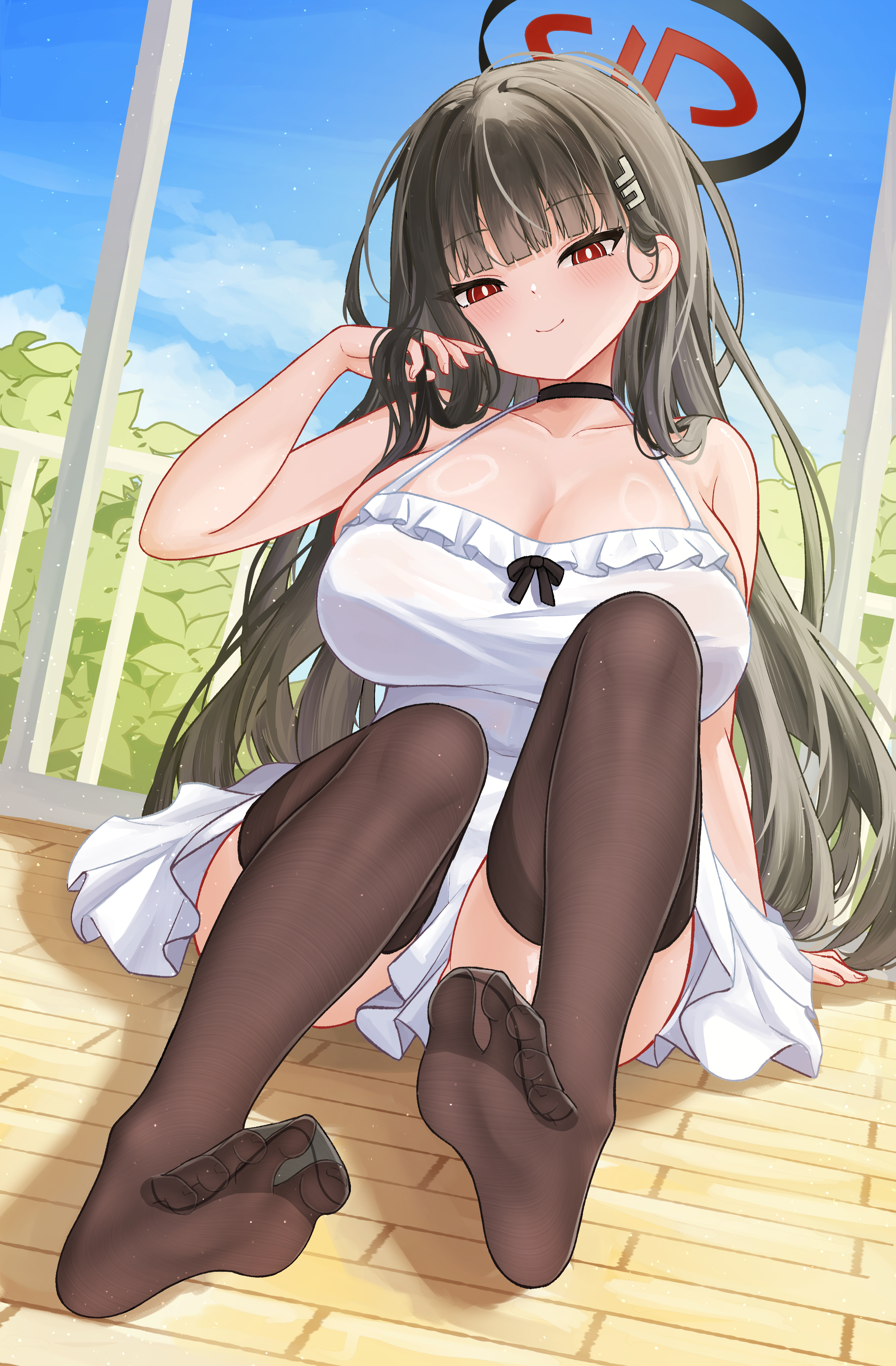 toki913710, rio (blue archive), blue archive, absurdres, commentary, highres, symbol-only commentary, 1girl, arm support, bare shoulders, black choker, black halo, black thighhighs, blue sky, blunt bangs, blush, breasts, bright pupils, choker, cleavage, closed mouth, cloud, day, dress, dutch angle, feet, frilled dress, frills, full body, hair ornament, hairclip, halo, halter dress, halterneck, hand in own hair, hand up, head tilt, knee up, large breasts, legs, light particles, looking at viewer, millennium science school logo, no shoes, outdoors, railing, red eyes, ringed eyes, sitting, sky, smile, soles, solo, thighhighs, thighs, toes, white dress, white pupils