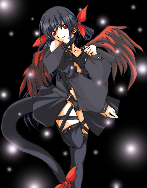dizzy (guilty gear), arc system works, guilty gear, 1girl, bare shoulders, black dress, black hair, black panties, black thighhighs, dress, female focus, hair ribbon, long sleeves, looking at viewer, panties, puffy long sleeves, puffy sleeves, red eyes, ribbon, smile, solo, tail, thighhighs, underwear, wings