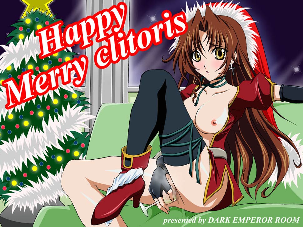 eclair (kiddy grade), kiddy grade, 00s, 1girl, black gloves, brown hair, censored, christmas, christmas tree, cross, cross earrings, cup, drinking glass, earrings, english text, engrish text, female focus, fingerless gloves, gloves, hat, jewelry, latin cross, long hair, merry christmas, mosaic censoring, no bra, open clothes, open shirt, panties, panties around leg, ranguage, santa costume, santa hat, shirt, single thighhigh, solo, thighhighs, underwear, wine glass, yellow eyes