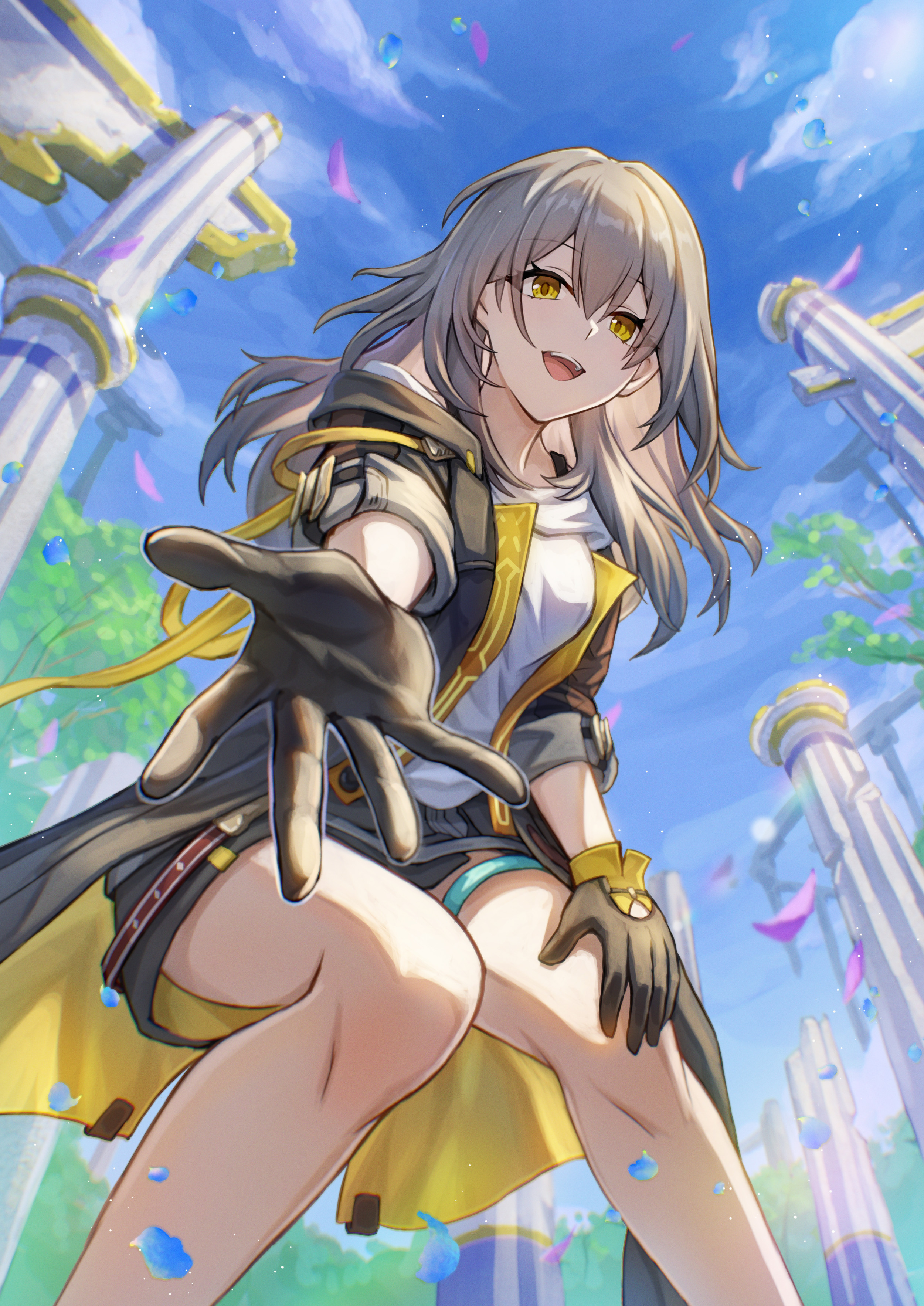 isome, stelle (honkai: star rail), trailblazer (honkai: star rail), honkai: star rail, honkai (series), absurdres, commentary, highres, 1girl, black gloves, black jacket, black skirt, blue sky, breasts, cloud, day, falling petals, from below, gloves, grey hair, hair between eyes, hand on own thigh, jacket, light particles, long hair, long sleeves, looking at viewer, open mouth, outdoors, outstretched arm, petals, pillar, plant, reaching, reaching towards viewer, shirt, skirt, sky, smile, solo, standing, teeth, thigh strap, thighs, upper teeth only, very long hair, white shirt, yellow eyes