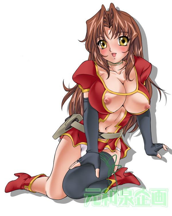 izumi hiraki, eclair (kiddy grade), kiddy grade, jpeg artifacts, 00s, 1girl, asymmetrical clothes, black gloves, black thighhighs, boots, breasts, brown hair, elbow gloves, female focus, fingerless gloves, gloves, nipples, no bra, panties, red boots, single thighhigh, solo, thighhighs, underwear, white panties, yellow eyes