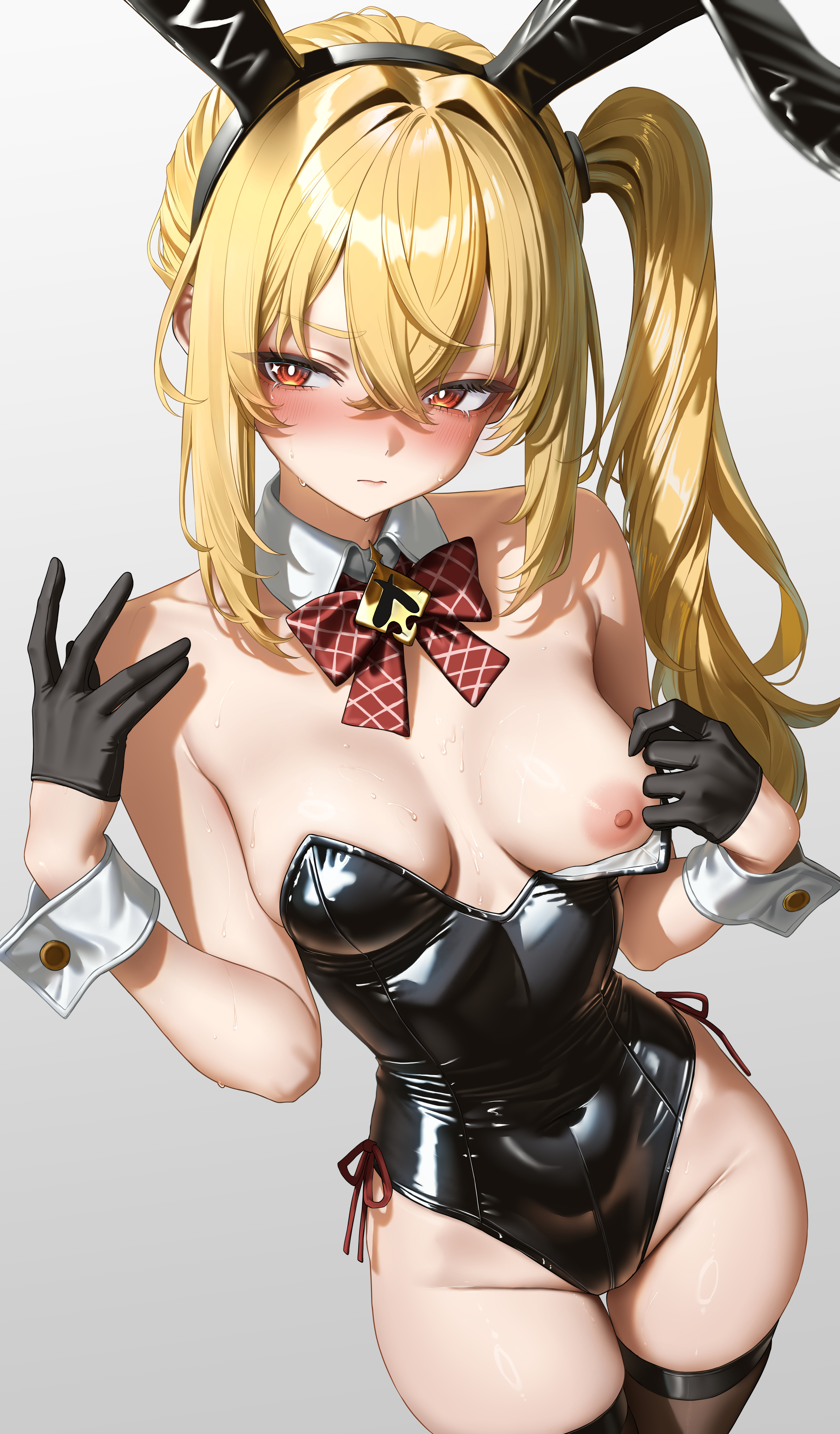 hirahiragi (h1rqg1), luciana de montefio, zenless zone zero, absurdres, commentary request, highres, 1girl, animal ear hairband, animal ears, bare shoulders, black gloves, black leotard, black thighhighs, blonde hair, blush, bow, bowtie, breasts, closed mouth, covered navel, detached collar, dress, fake animal ears, gloves, grey background, groin, hairband, half gloves, hand up, high side ponytail, leotard, leotard pull, long hair, looking to the side, nipples, one breast out, plaid bow, plaid bowtie, plaid clothes, playboy bunny, pulling own clothes, rabbit ear hairband, rabbit ears, red bow, red bowtie, red eyes, side-tie leotard, side ponytail, simple background, small breasts, solo, strapless, strapless dress, strapless leotard, thighhighs, very long hair, white background, white wrist cuffs, wrist cuffs