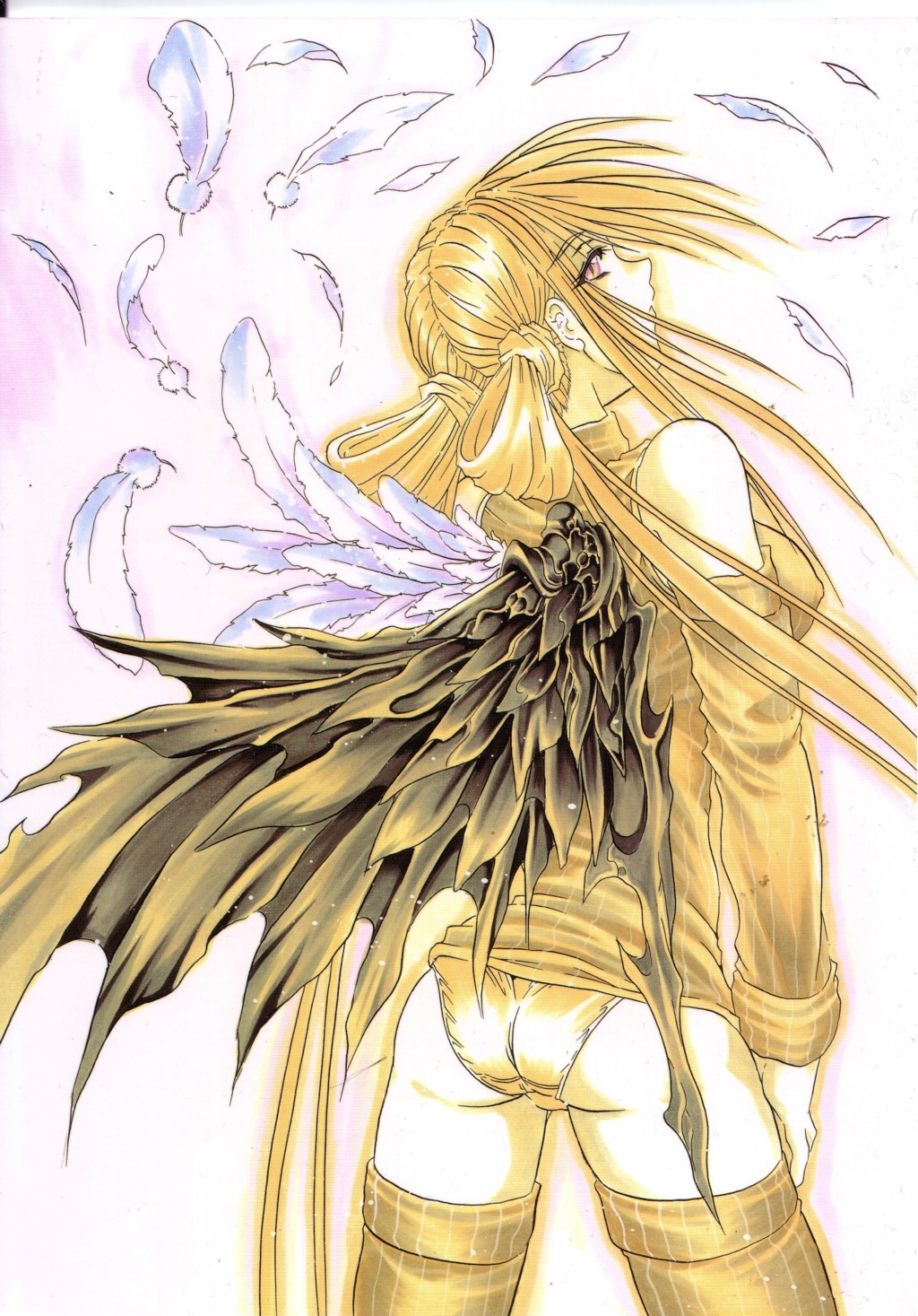 dizzy (guilty gear), arc system works, guilty gear, highres, 1girl, alternate costume, ass, asymmetrical wings, detached sleeves, female focus, monochrome, no pants, panties, shirt, sleeveless, sleeveless shirt, solo, thighhighs, underwear, wings