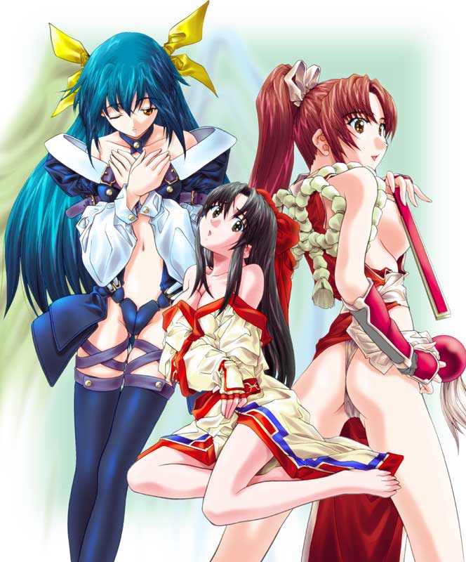 soyosoyo, dizzy (guilty gear), nakoruru, shiranui mai, arc system works, fatal fury, guilty gear, samurai spirits, snk, the king of fighters, 3girls, ass, asymmetrical wings, barefoot, black eyes, black hair, blue hair, breasts, brown eyes, choker, cleavage, crossover, feet, folded fan, folding fan, hand fan, large breasts, long hair, medium breasts, multiple girls, off shoulder, one eye closed, panties, parody, pelvic curtain, ponytail, red eyes, red hair, rope, sideboob, thighhighs, thong, topless female, underwear, undressing, wings, wink