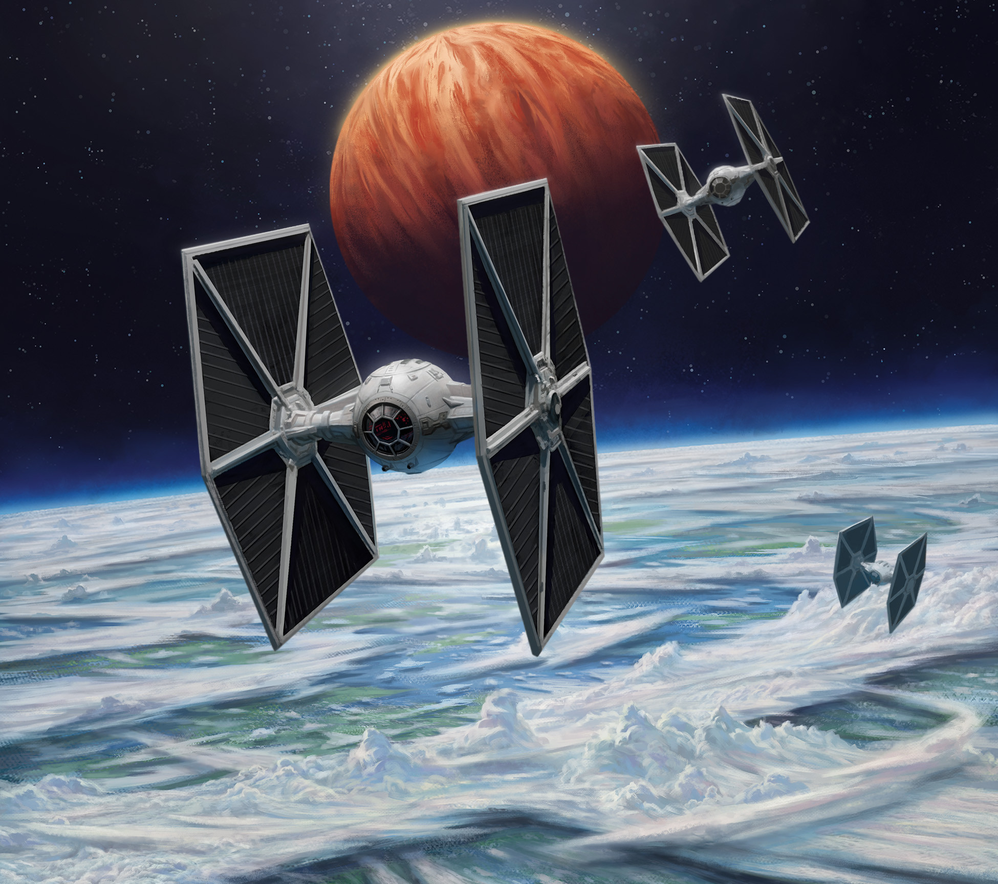 tie fighter, star wars, highres, cloud, no humans, planet, spacecraft, tim brumley
