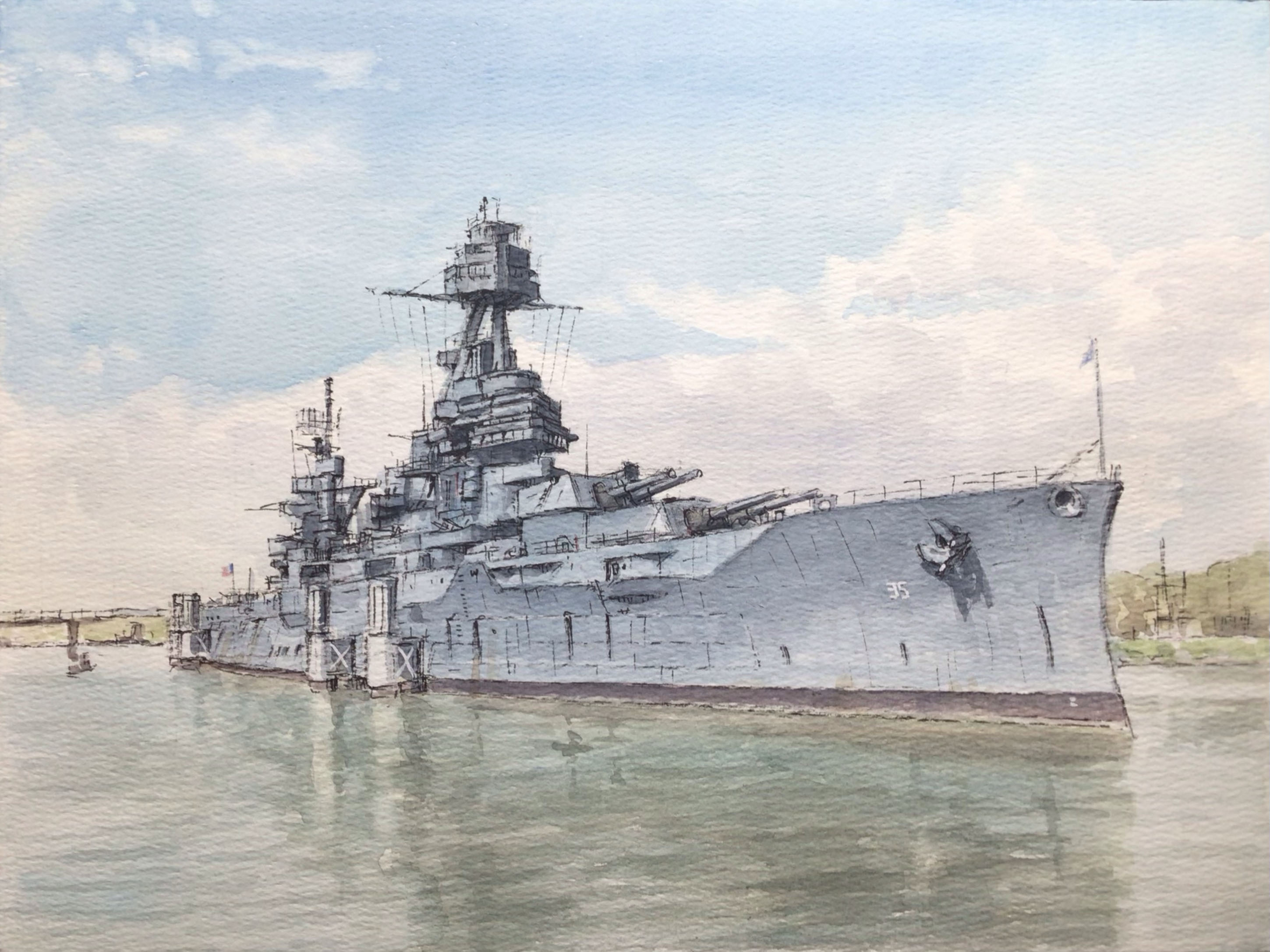 atelier bono, original, commentary request, highres, painting (medium), traditional media, watercolor (medium), american flag, anchor, battleship, blue sky, cannon, cloud, mast, military vehicle, museum, no humans, scenery, ship, ship turret, sky, smokestack, texas, united states, uss texas (bb-35), vehicle focus, warship, watercraft
