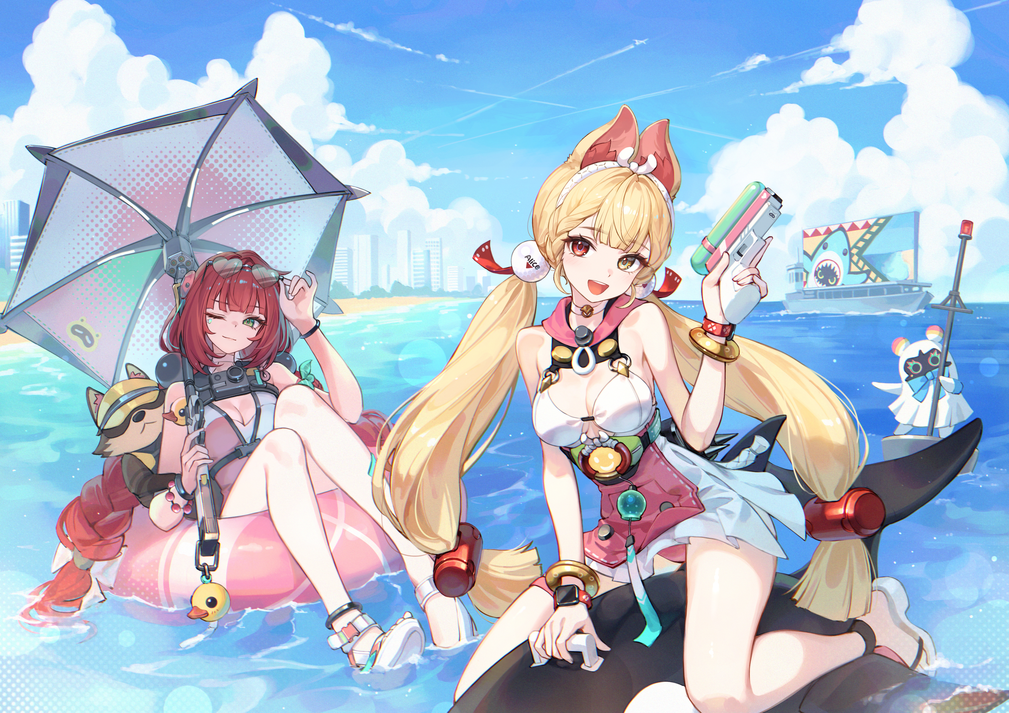 baek hyang, alice thymefield, alice thymefield (sea of thyme), kamanosuke (zenless zone zero), ukinami yuzuha, ukinami yuzuha (tanuki in broad daylight), zenless zone zero, absurdres, commentary, highres, 2girls, adjusting eyewear, afloat, animal ears, blonde hair, bow, bracelet, braid, breasts, camera, camera around neck, choker, cleavage, closed mouth, dress swimsuit, eyewear on head, facial mark, green eyes, hair bow, hairband, hand on eyewear, heart, heart-shaped eyewear, heart facial mark, heterochromia, holding, holding umbrella, holding water gun, inflatable orca, inflatable toy, jewelry, light smile, long hair, looking at viewer, low twin braids, low twintails, medium breasts, multiple girls, ocean, official alternate costume, on innertube, one-piece swimsuit, one eye closed, open mouth, outdoors, pink one-piece swimsuit, rabbit ears, rabbit girl, red eyes, red hair, sphere hair ornament, swimsuit, tanuki, teeth, twin braids, twintails, two-tone one-piece swimsuit, umbrella, upper teeth only, watch, water gun, white bow, white choker, white hairband, white one-piece swimsuit, wristwatch, yellow eyes