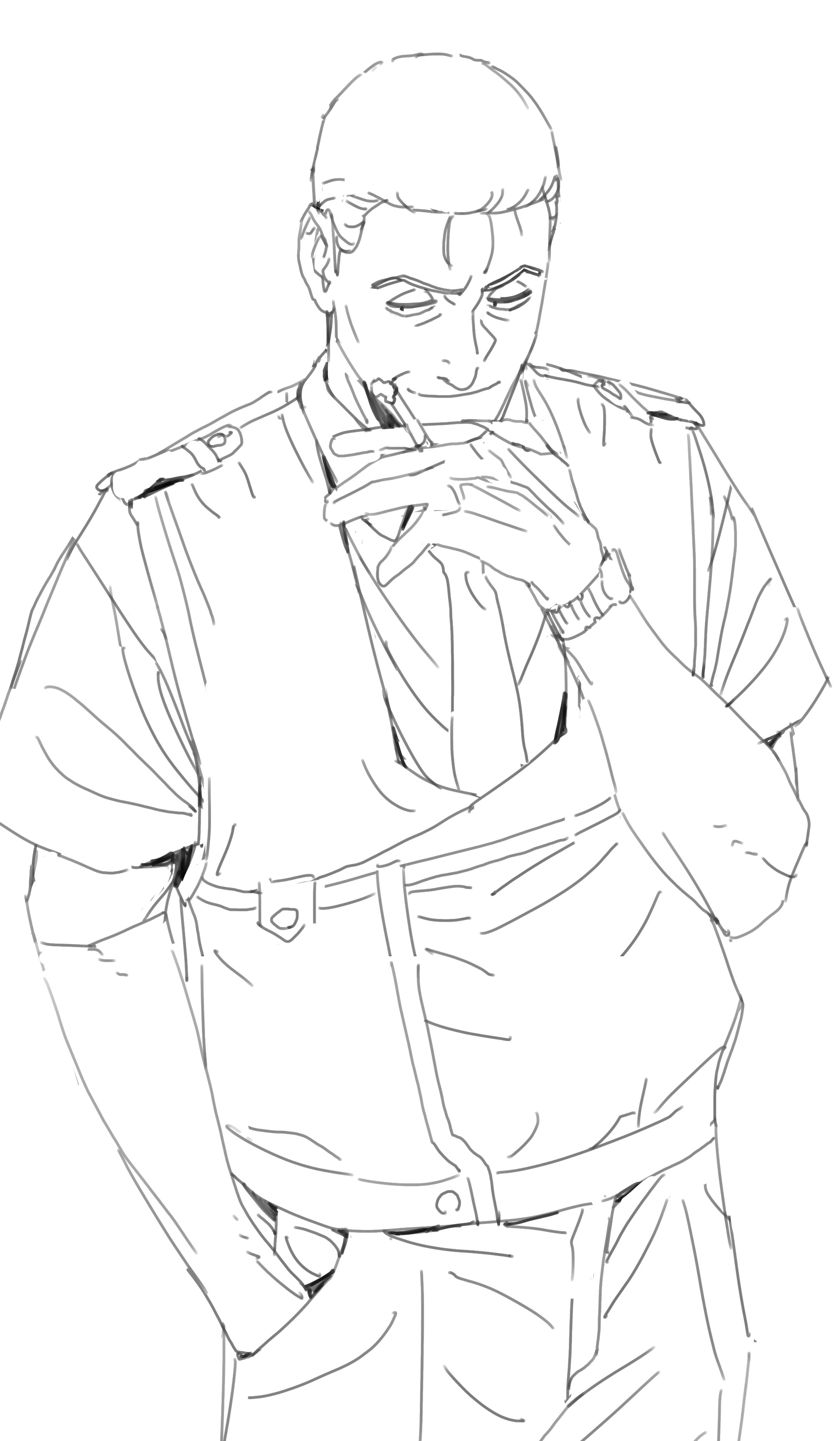imamura ryou, gotou kiichi, kidou keisatsu patlabor, absurdres, highres, 1boy, belt, black hair, blowing smoke, cigarette, hand in pocket, hand on own face, holding, holding cigarette, jacket, police, police uniform, upper body