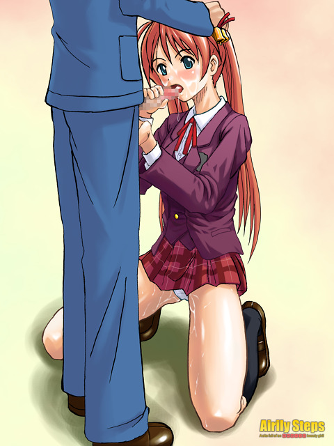 maachin, kagurazaka asuna, negi springfield, mahou sensei negima!, 00s, 1boy, 1girl, bell, black socks, blazer, blue eyes, blush, bukkake, caressing testicles, censored, cum, dress shirt, fellatio, hand on another's head, hetero, heterochromia, jacket, kneehighs, kneeling, mosaic censoring, oral, orange hair, panties, pantyshot, penis, plaid clothes, plaid skirt, ribbon, shirt, shoes, sitting, skirt, socks, teenage girl and younger boy, testicles, twintails, underwear, upskirt, white panties