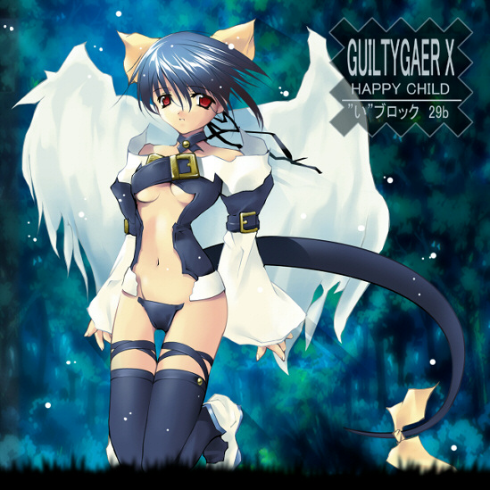 dizzy (guilty gear), arc system works, guilty gear, 1girl, blue hair, blue thighhighs, choker, copyright name, expressionless, female focus, full body, hair ribbon, kneeling, looking at viewer, navel, red eyes, ribbon, shoes, short hair, solo, stomach, tail, thighhighs, torn clothes, wings